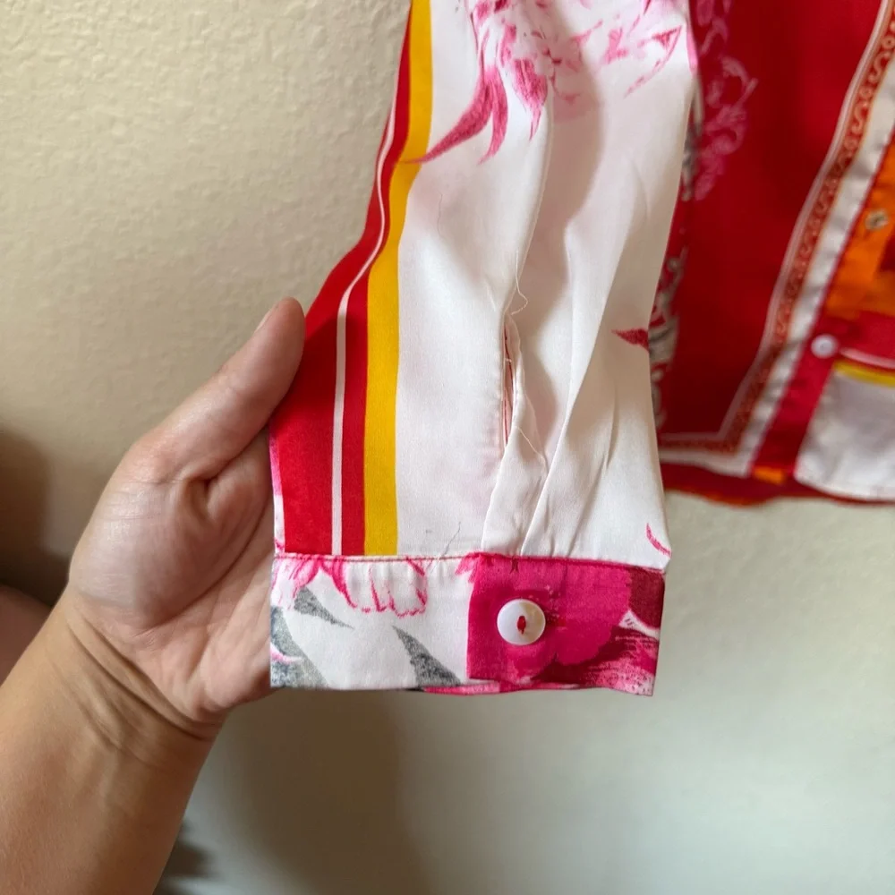 Fashion Nova Red & Cream Printed Silky Button Down Blouse Medium - Picture 4 of 9